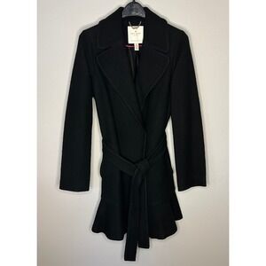 Kate Spade New York Black Wool Blend Skirted Wrap Coat Belt Ruffle Hem Women SP‎